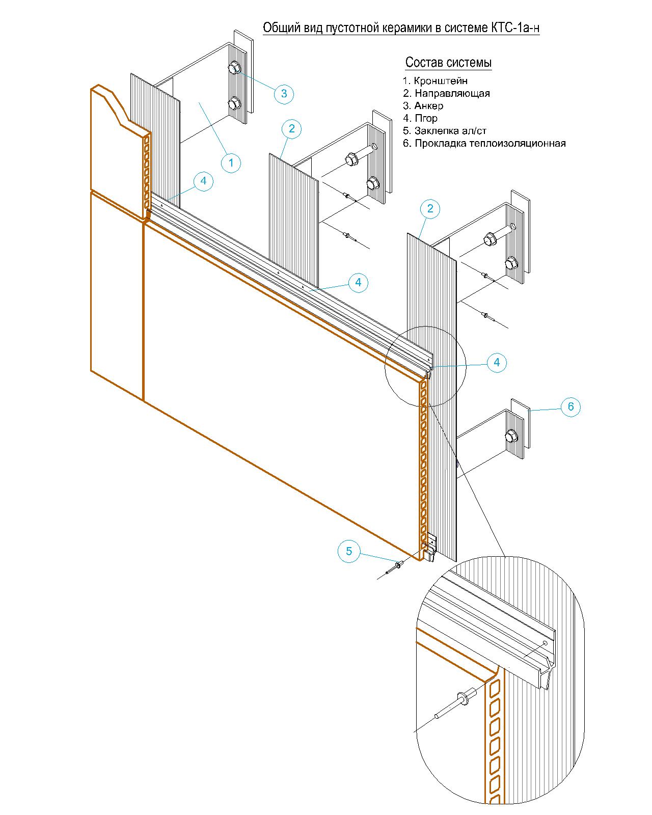 Фасадные системы  и подсистемы - КТС-1АН для пустотной керамики на горизонтальных направляющих