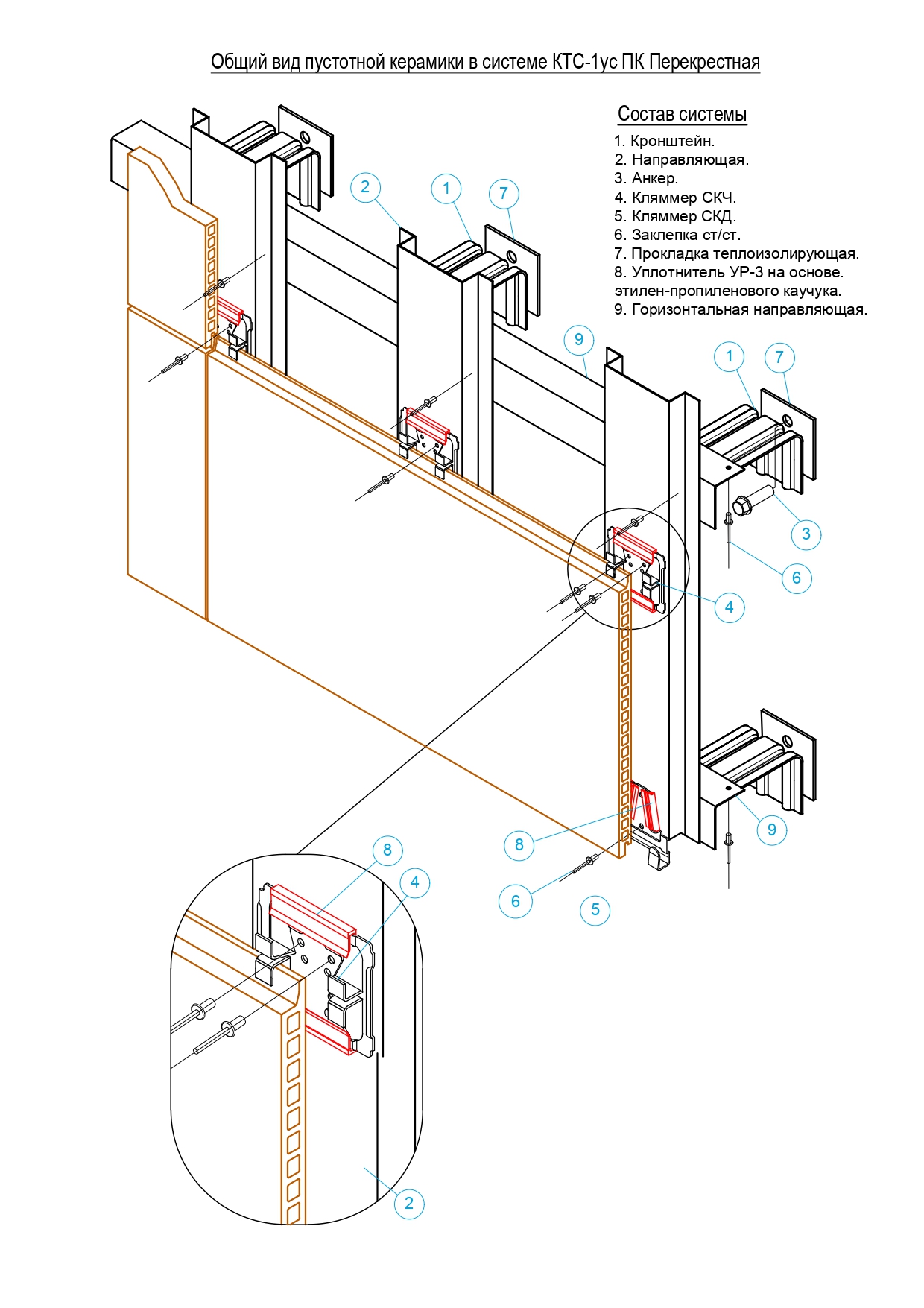 Фасадные системы  и подсистемы - Система крепления фасадов КТС-1УС ПК (перекрестная) 
