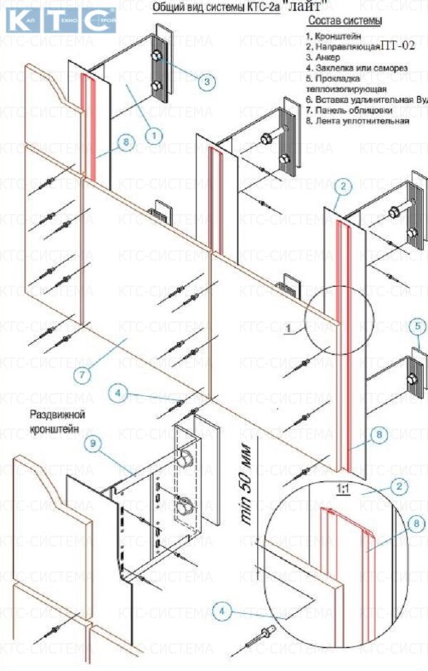 Фасадные системы  и подсистемы - Система крепления фасадов КТС-2А лайт для фиброцементных плит